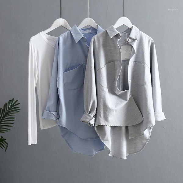 

casual womens collar and female blouses loose long oversized sleeve cotton shirts with pockets blusas roupa feminina1, White