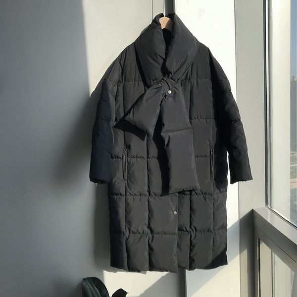 

2021 new winter sleeve cotton down long with scarf loose style women coat feminino 92cf, Black;brown