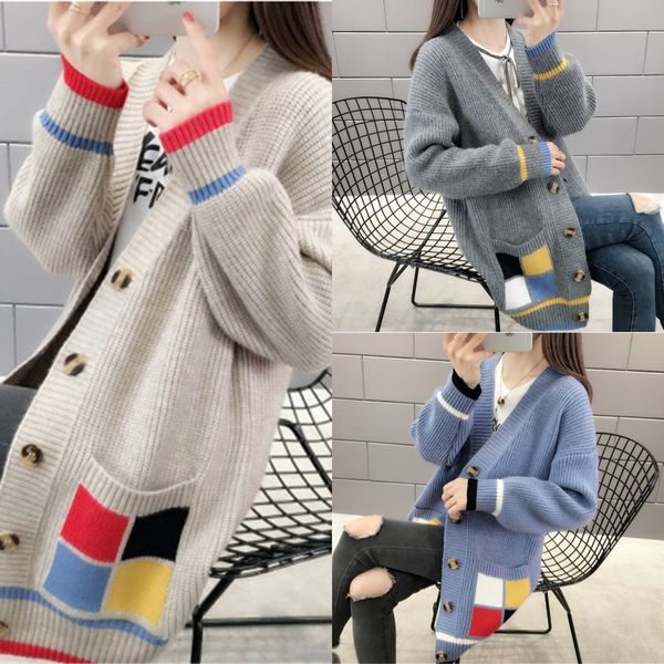 

w7pfh 2020 spring and autumn new korean version loose color sweater sleeve versatile sweat cardigan contrastshoulder coat student kni, White;black