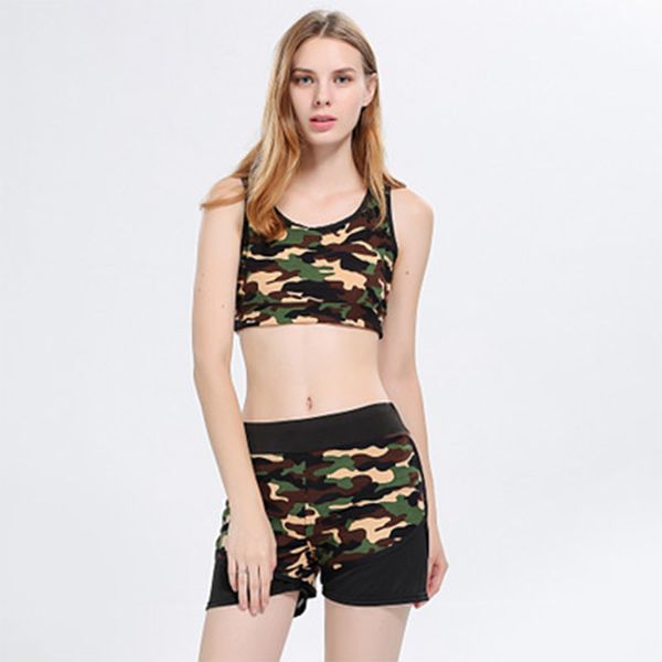 

womens casual clothing suits 2 piece set camouflage vest exposed navel sports shorts suit casual yoga wear fashion sport suit sale, Gray