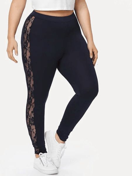 

147632s lace flower embroidery mesh stitching elastic leggings, Black