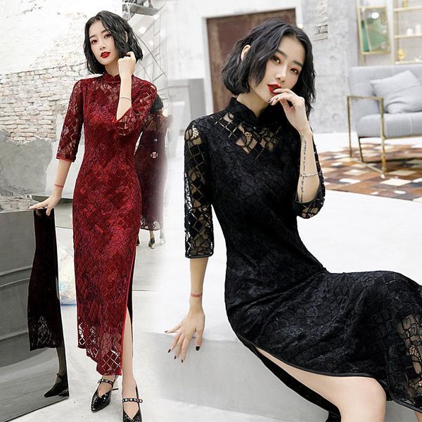

ethnic clothing autumn and winter style web celebrity lace cheongsam dress the republic of china wind retro improvement fashion long dress1, Red