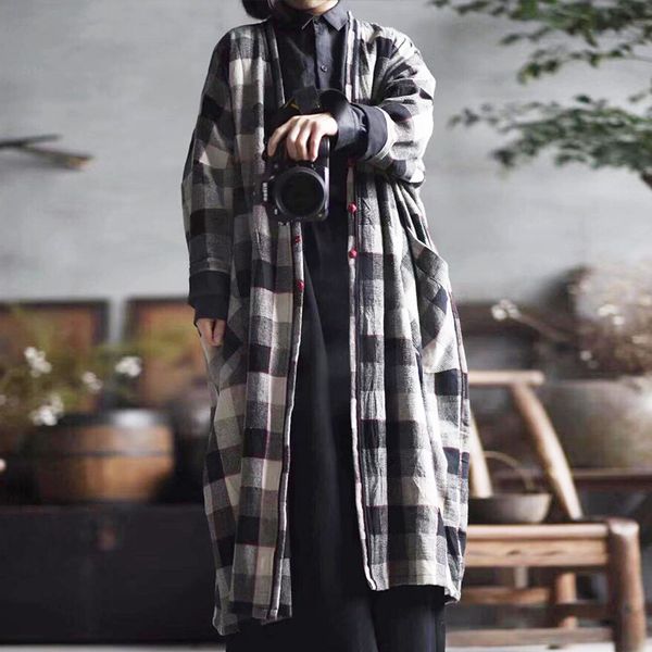 

johnature women cotton linen trench vintage coats pockets 2020 spring new plaid long sleeve casual women cloths v-neck trench 1031, Tan;black