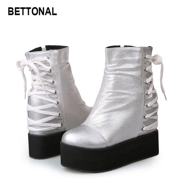 

autumn winter 2020 fashion silver leather women ankle boots platform high sole women's female short shoes for woman booties, Black