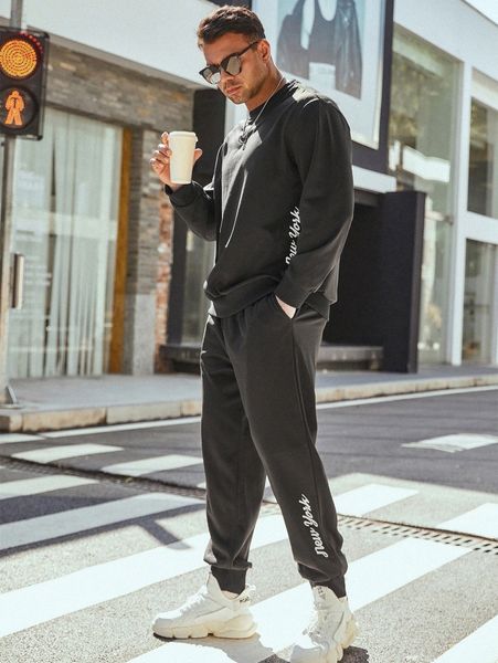 

extended sizes men letter graphic sweatshirt & drawstring waist sweatpants d745#, Gray