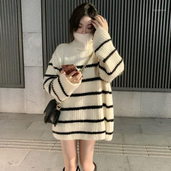 

2020 winter long striped turtleneck sweater loose joker thick sweater1, White;black