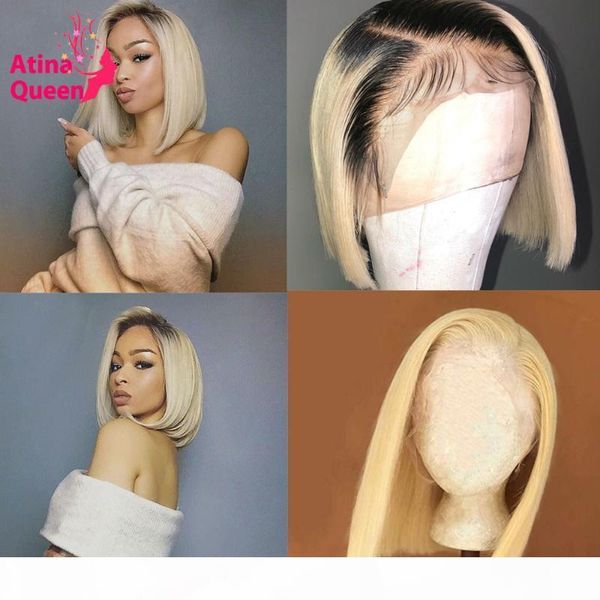 

deep part 13x6 blonde 613 lace front wig remy pre plucked blunt cut colored short bob ombre 1b human hair wigs with baby hair, Black;brown