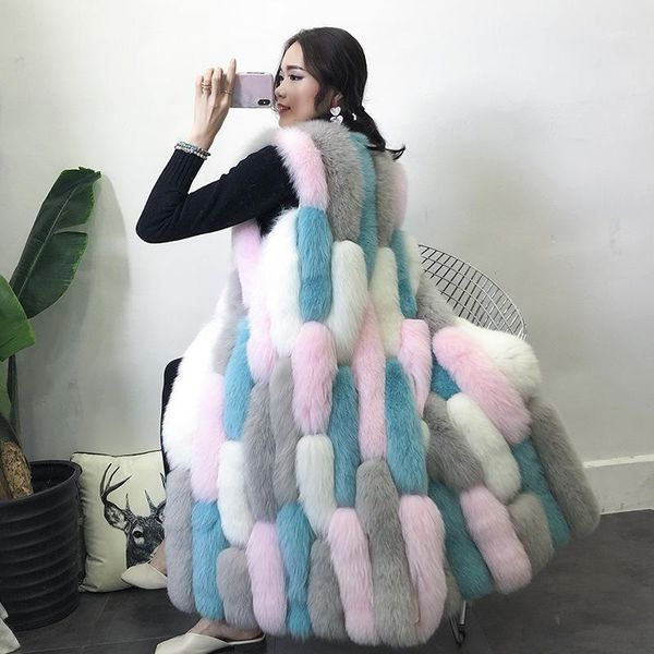 

2021 new faux fur vest coat winter sleeveless jacket women fake fur patchwork color thick outwear female faux vest y461, Black