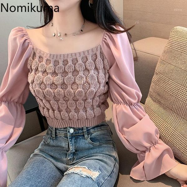 

nomikuma fashion chiffon flare sleeve patchwork knitwear korean slim short knitted 2021 new crop sweater 6d7241, White;black
