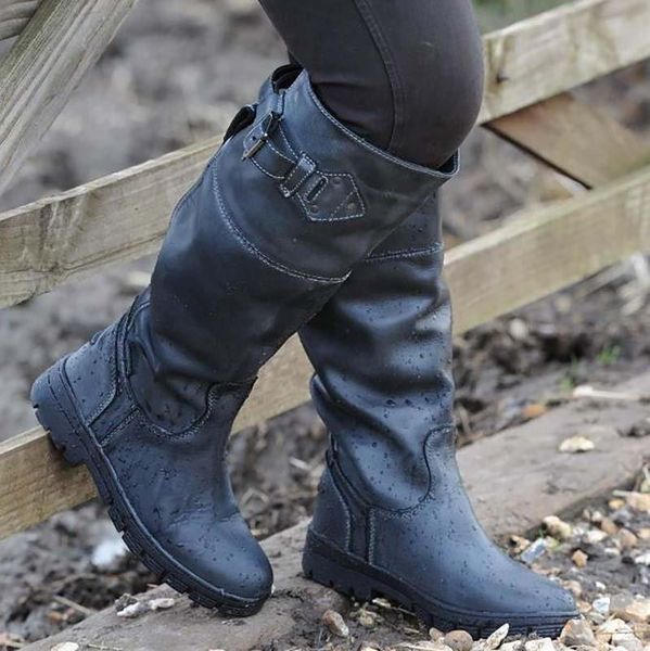 

женщины boots кожа pu пряжки ретро вскользь женщины пинетки гладиатор низкой пятки повелительниц botas mujer invierno tw653, Black