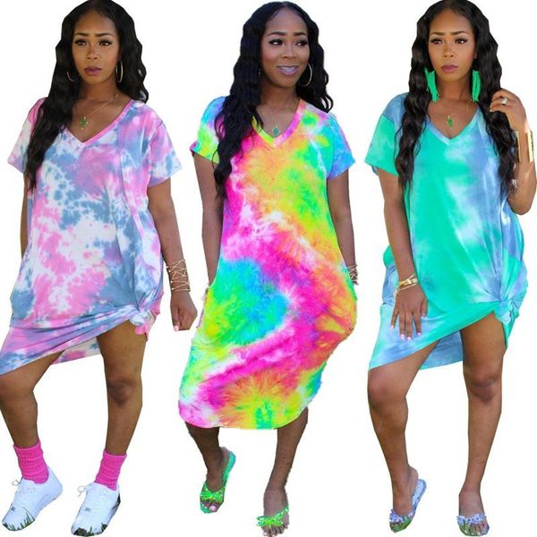 

zkyzwx large tie dyed loose skirt coward's new summer dress women's 12:00 noon skirt cross slit short sleeve t-shirt dress, Blue;black