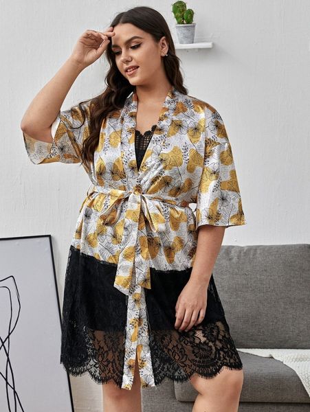 

plus 1pc satin tropical print belted lace panel robe a40e#, Black;white