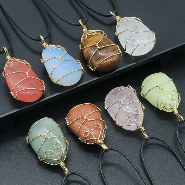 

gold wire wrap oval colorful crystal stone pendant necklace quartz crystals necklaces healing jewelry for men men rope chain, Silver
