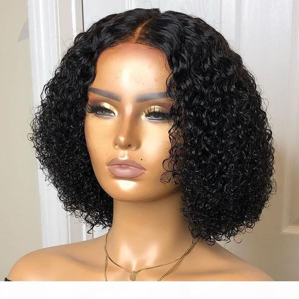 

150% short curly bob 13x4 lace front human hair wigs remy brazilian for women pre pluck bleached knots 4x4 closure, Black;brown