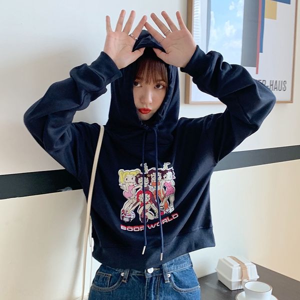 

high waisted sweater ins sweatercoat sweaterfashionable women's short hooded long sleeve 2020 new spring and autumn korean loose car, Black