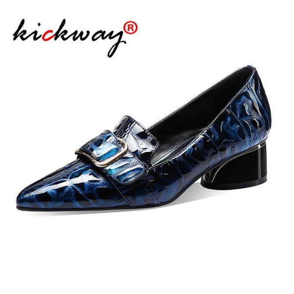 

2020 spring new genuine leather shoes women black blue elegant mid heel pumps party shoes metal buckle pointed toe med heels