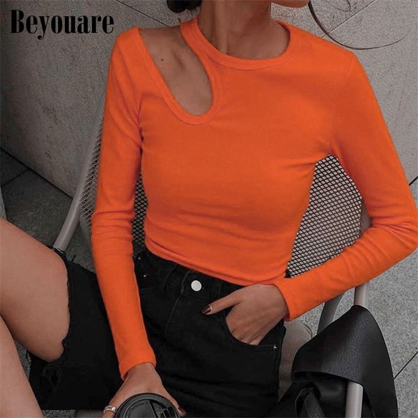 

beyouare hollow out women t shirt casual round neck long sleeve skinny cropped autumn solid elegant basic tees 220312, White