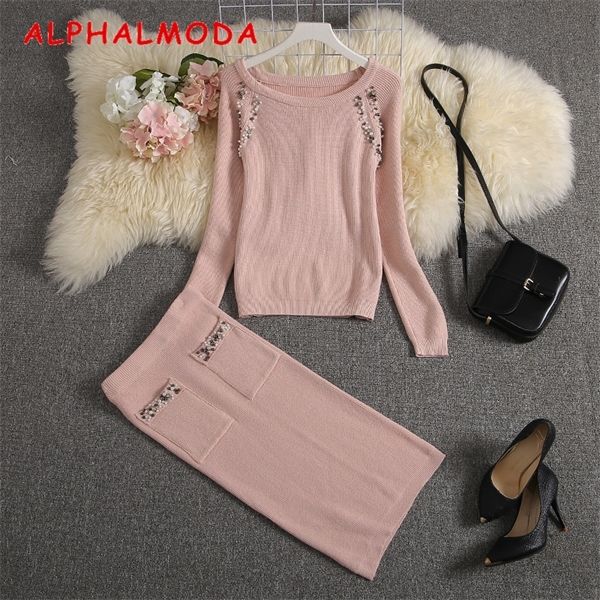 

alphalmoda 2019 winter new women knitting suit beaded decored luxury brands design knitting sweater + pencil skirt 2pcs set c1103, Gray