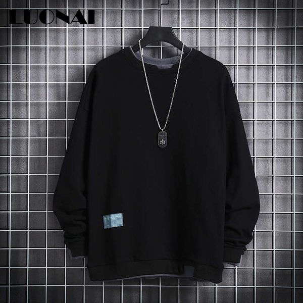 

ins fake two autumn and winter style plush long sleeve t-shirt bottomed sweater for men's loose korean fashion round neck, Black