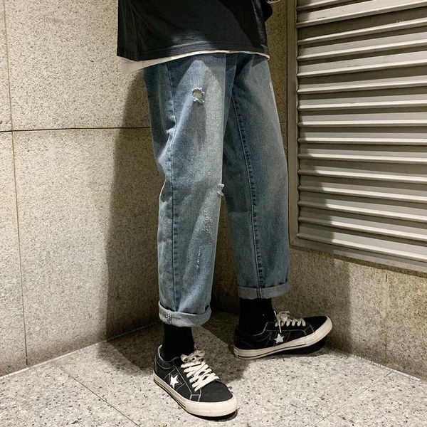 

wholesale 2020 denim jeans men's straight brand wide leg daddy pants loose retro washed casual ankle length long jeans men1, Blue