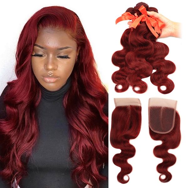 

brazilian virgin hair 3 bundles with part closure # bug straight & body wave human hair bundles with closure burgundy color fashion, Black;brown