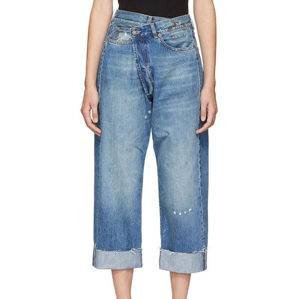 

new asymmetric cross waist design jeans women, Black;white