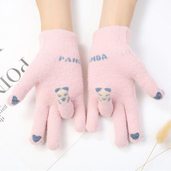 

2020 new gloves female cute little panda velvet warm and cold-proof riding students wind and cold touch screen gloves, Blue;gray
