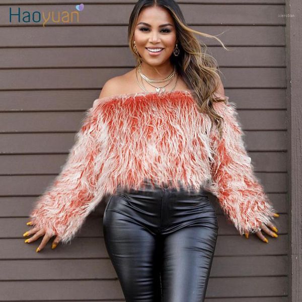 

haoyuan pullover faux fur jackets women winter crop off shoulder coat loose plush overcoat fleece thick warm outwear1, Black
