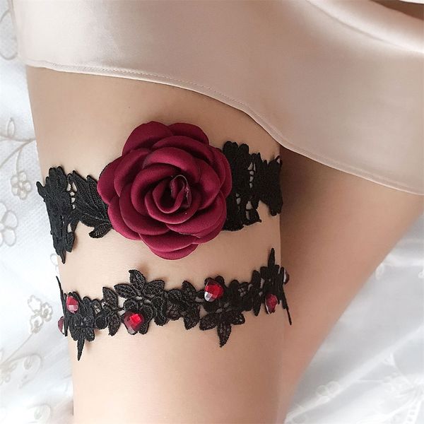 

2pcs women lace wedding garters rose flower elastic belt thigh ring ladies clothing accessories suspender leg garter, Black;white