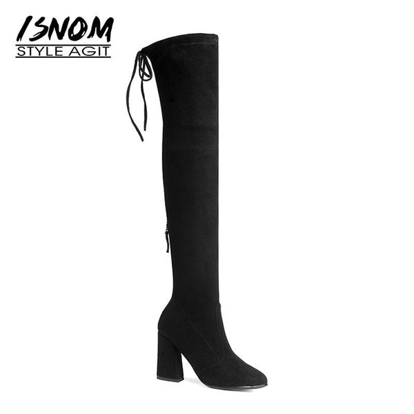 

isnom 2020 latest long boots women faux suede thigh high boots thick heels lace up winter over knee boot, Black
