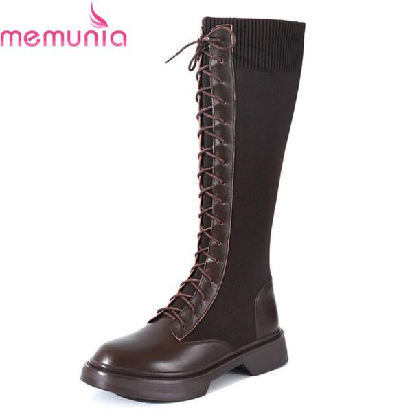 

memunia 2021 genuine leather boots square heels round toe comfortable ladies shoes fashion lace up knee high boots, Black