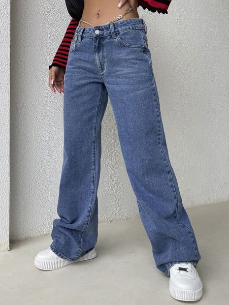 

chain detail wide leg jeans w3a9#, Blue