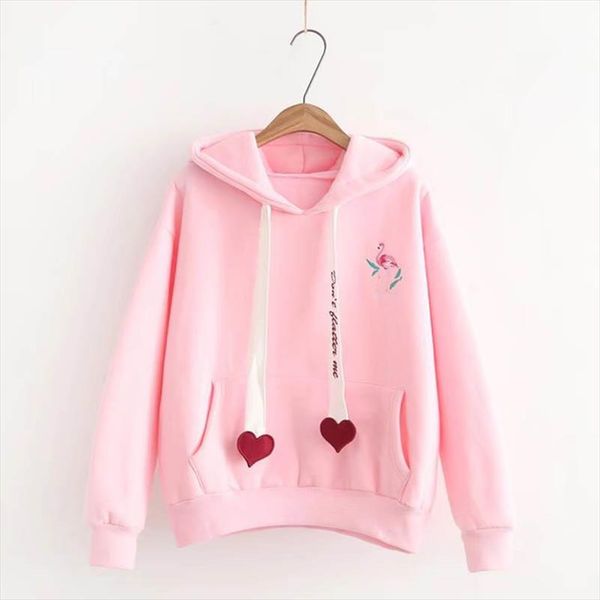 

new flamingo hoodies sweatshirts 2020 autumn winter hoodie hooded women heart embroidery long sleeve pullover tracksuit hoodies, Black