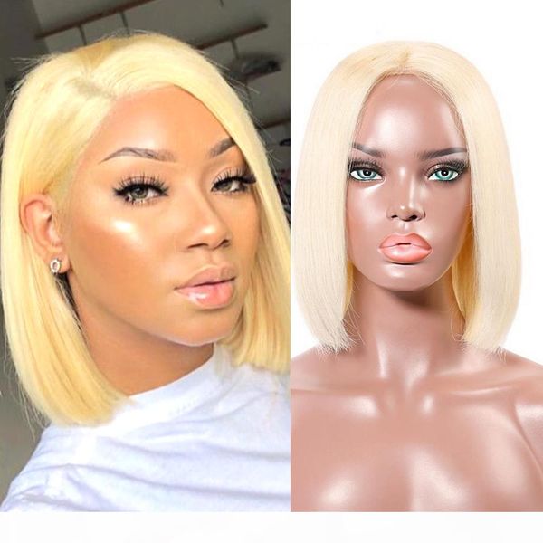 

русский блондин цвет 4x4 шнурок закрытие короткого боб человеческих волос парики прямые бразильские человеческие волосы парики 130% плотност, Black;brown