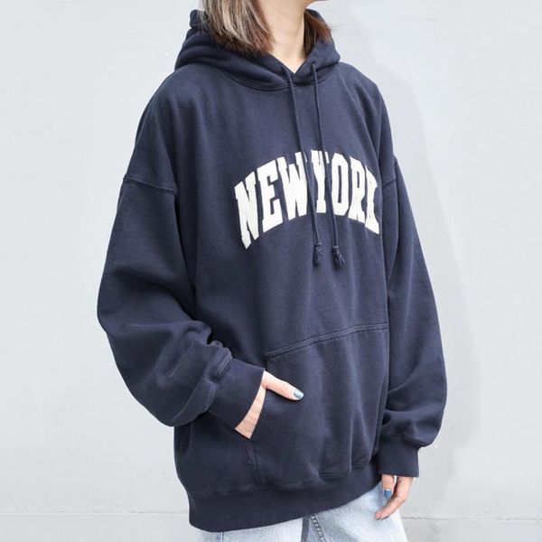 

women embroidery letter soft hoodie oversized fleece inner hooded sweatshirt in navy1, Black