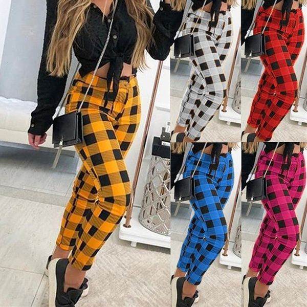 

plaid print mid-waist pants trousers women casual style fashion spring autumn button fly bodycon straight full length pants, Black;white