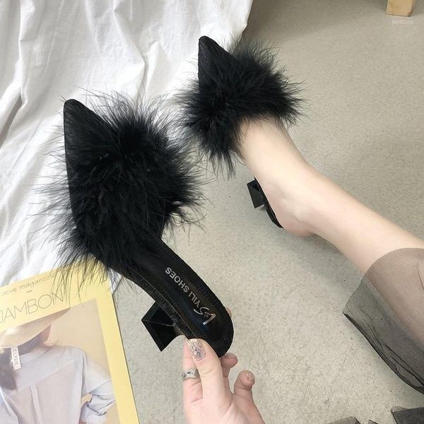

dress shoes fashion 2021 women fur bling square heels peep toe wedding woman backle strap beautiful pointe girls1, Black