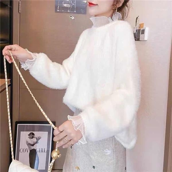 

women 2021 autumn winter fashion loose thicken lace sweater female mink velvet o-neck ladies knitted warm d6121, White;black