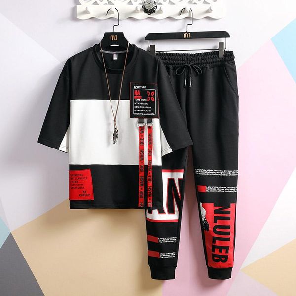 

men's japanese streetwear sets summer patchwork print short sleeve t shirts + sweatpants men hip hop tracksuit korean clothes, Black;blue