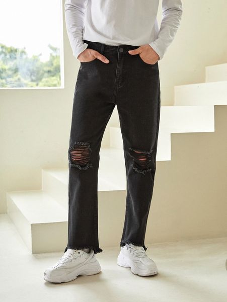 

men ripped straight leg jeans 23yg#, Blue