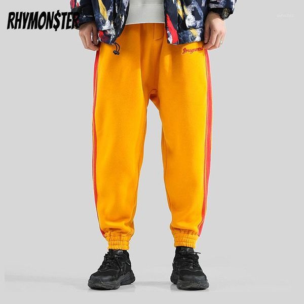 

rhymonster mens new fleece joggers pants hip hop fashion side strips sweatpants 2021 winter loose cotton track trousers1, Black