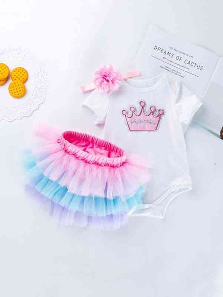 

baby girl crown patched bodysuit & layered tutu skirt & headband she, Blue