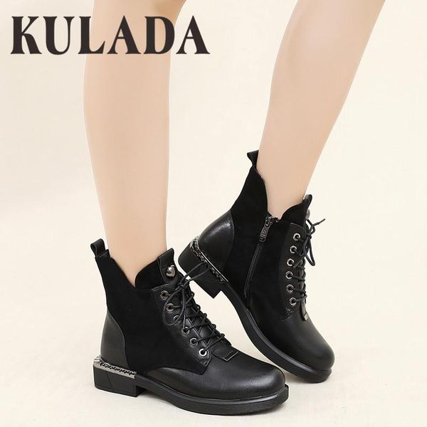 

kulada motorcycle winter boots for women low heel style boots fashion women warmfur comrtable ladies, Black