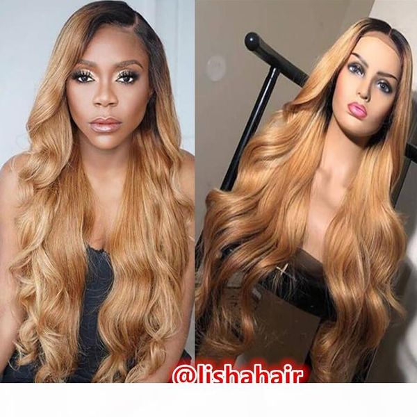

1b 27 dark roots body wave lace front wig glueless full lace wigs human hair ombre wig two tone brazilian virgin hair, Black;brown
