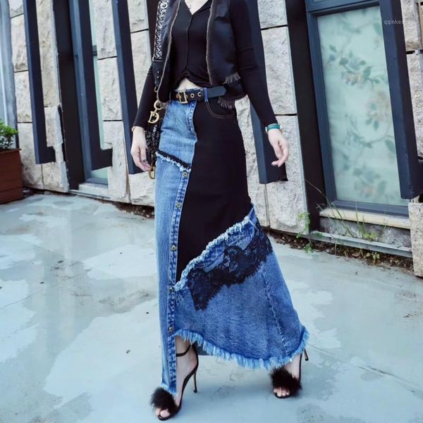 

korean high streetwear patchwork denim women skirts vintage high waist lace irregular skirt harajuku long faldas mujer1, Black