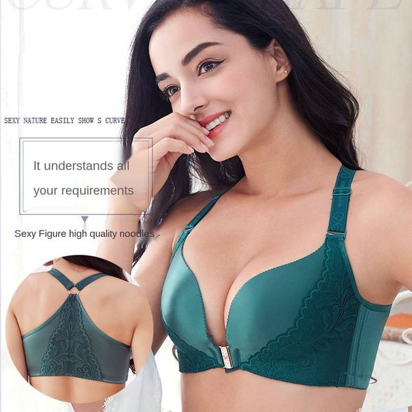 

Front Closure Bra Large Size Seamless Push Up Gather Bra Women Big Cup Lace Underwear Beauty Back Thin Cup Brallete Black Green, Dark grey