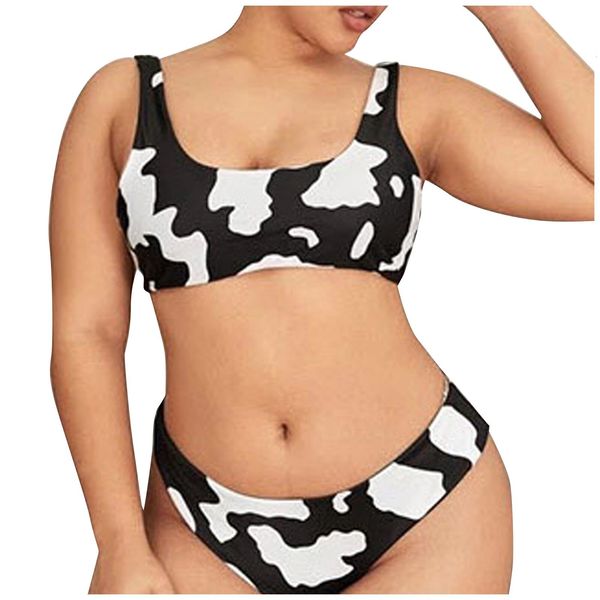 

women's fashion milk cow print plus size swimwear high waist belly vintage separate swimsuit ropa mujer verano 2021, White;black