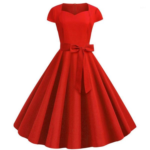 

summer women vintage dress 50s 60s short sleeve casual elegant retro office party midi dress robe femme plus size solid vestidos1, Black;gray