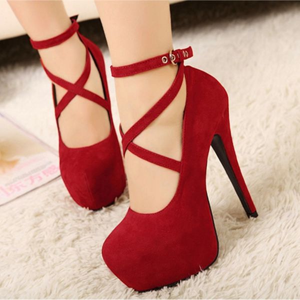 

woman pumps cross-tied ankle strap wedding party platform dress women high heels suede ladies shoes plus size y200111, Black