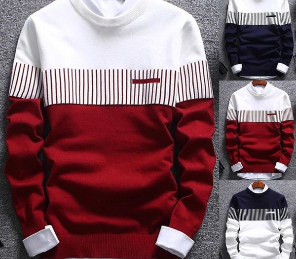 

fashion men striped sweater pullover color block patchwork o neck long sleeve knitted sweater blouse for warm men's clothing, White;black